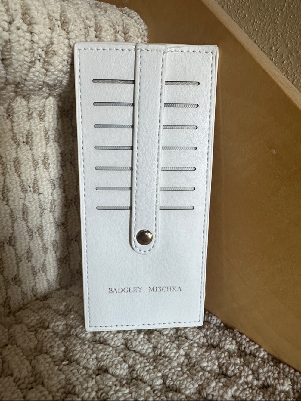 Badgley Mischka White Slim Card Organizer with Snap Strap